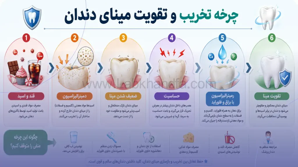 اینفوگرافی چرخه تخریب و تقویت مینای دندان